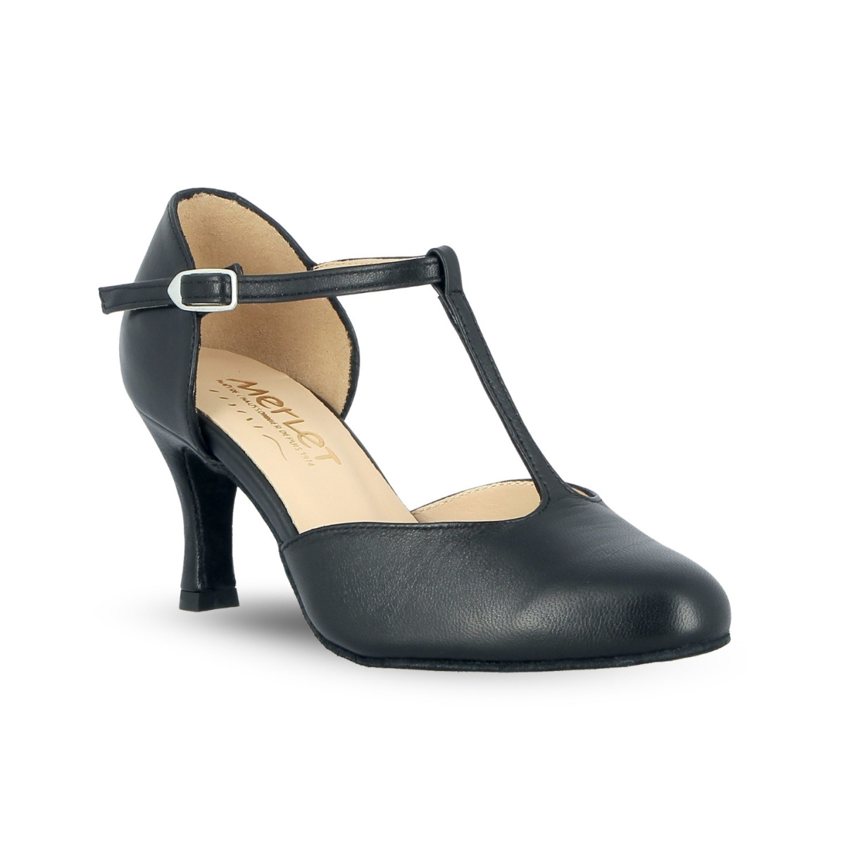 Chaussures Merlet NINA pour danse de salon, en cuir noir élégant avec talon de 6,5 cm et fermeture à boucle réglable